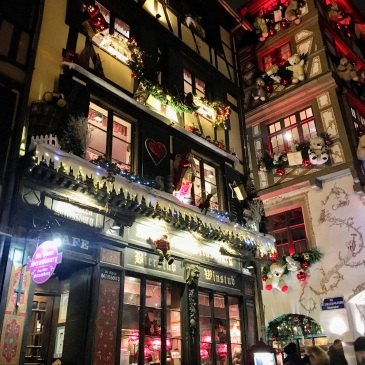 half timbered houses in Strasbourg decorated for christmas